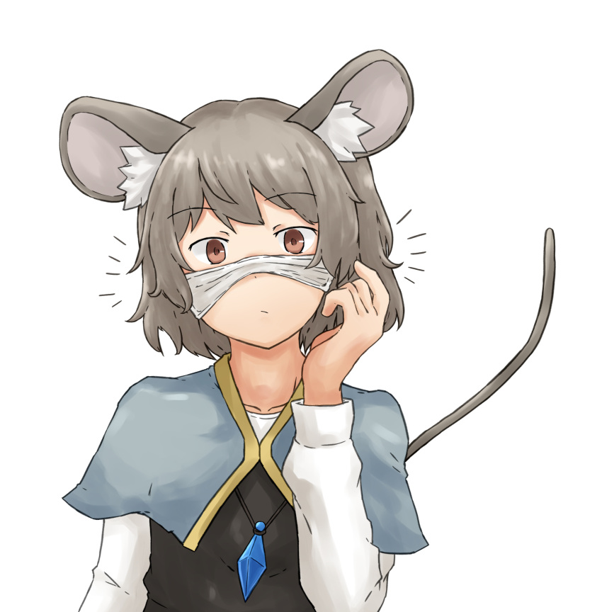 1girl :/ absurdres animal_ears brown_eyes capelet chagamaka crystal grey_hair highres jewelry medium_hair mouse_ears mouse_girl mouse_tail nazrin pendant solo tail touhou upper_body