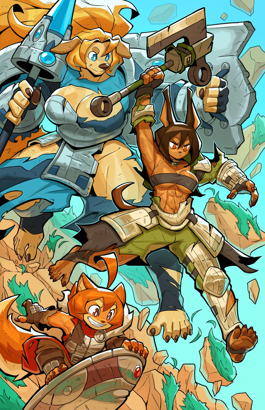 3girls abs absurdres ahoge animal_ears armor armpits axe blonde_hair blue_eyes breasts broken_armor brown_eyes brown_hair cee-haz collar commentary dog_ears dog_girl dog_tail english_commentary fingerless_gloves furry furry_female gloves hair_between_eyes highres holding holding_axe holding_shield jeane_(cee-haz) large_breasts long_hair multiple_girls muscular muscular_female original parted_lips rory_(cee-haz) shield short_hair smile strapless tail teeth torn_clothes tube_top
