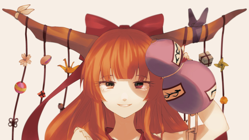 1girl absurdres bangs bow commentary gourd grey_eyes hair_bow highres horn_bow horn_ornament horns ibuki_suika long_hair looking_at_viewer oni_horns orange_hair purple_bow red_bow red_ribbon ribbon smile solo somei_ooo touhou white_bow