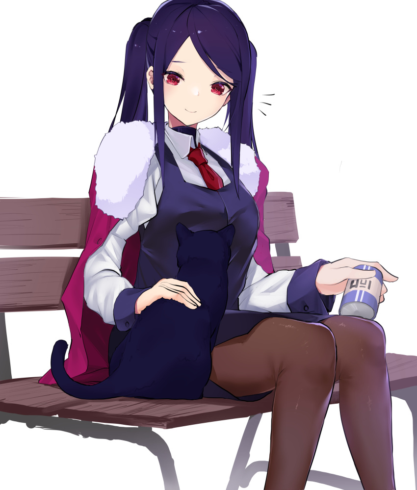 1girl absurdres bench black_legwear can cat highres holding holding_can jill_stingray long_hair long_sleeves miniskirt necktie pantyhose park_bench pencil_skirt purple_hair purple_skirt purple_vest red_eyes red_necktie shirt sidelocks sitting skirt smile solo twintails va-11_hall-a vest white_shirt yanagui