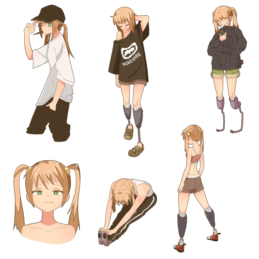 1girl absurdres amputee arm_behind_head baseball_cap black_jacket brown_hair closed_mouth double_amputee exercise full_body green_eyes hair_ornament hat highres ibarazaki_emi jacket katawa_shoujo looking_at_viewer multiple_views open_mouth prosthesis shirt simple_background standing twintails white_background white_shirt zlix0n