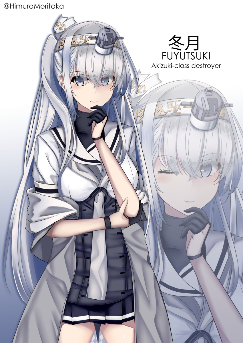 1girl absurdres bangs black_gloves breasts character_name closed_mouth clothes_writing duplicate eyebrows_visible_through_hair fuyutsuki_(kancolle) gloves gradient gradient_background grey_background grey_eyes hachimaki hair_between_eyes headband headgear highres himura_moritaka kantai_collection long_hair neckerchief one_side_up pixel-perfect_duplicate pleated_skirt projected_inset sailor_collar school_uniform serafuku simple_background skirt solo very_long_hair white_background white_headband white_sailor_collar