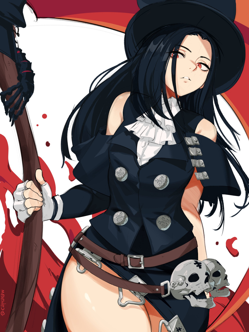 1other absurdres androgynous artist_name ascot asymmetrical_sleeves bare_shoulders black_hair blood buttons caprara feathers fingerless_gloves floating_hair gloves guilty_gear guilty_gear_strive hair_over_one_eye hat highres holding holding_weapon long_hair looking_at_viewer red_eyes scythe side_slit simple_background skull straight_hair testament_(guilty_gear) thighs twitter_username weapon white_background white_gloves