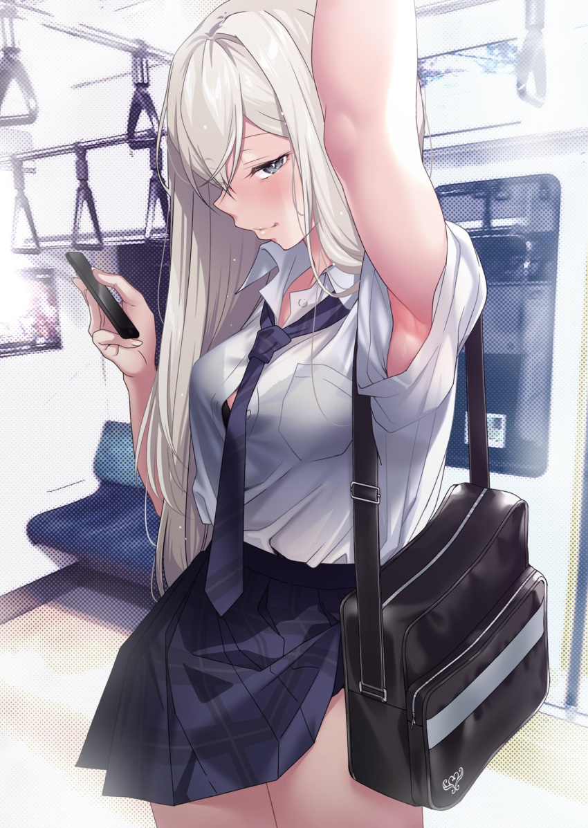 1girl arm_up armpits bag bangs black_bag black_bra blue_necktie blue_skirt bra bra_peek breast_pocket button_gap cellphone clothes_lift collared_shirt cowboy_shot grey_eyes hand_grip hario_4 highres holding holding_phone long_hair looking_at_viewer necktie one_eye_covered original phone platinum_blonde_hair pleated_skirt pocket profile school_bag school_uniform see-through_shirt shirt shirt_tucked_in short_sleeves skirt skirt_lift smartphone smile solo standing thighs train_interior underwear very_long_hair white_shirt