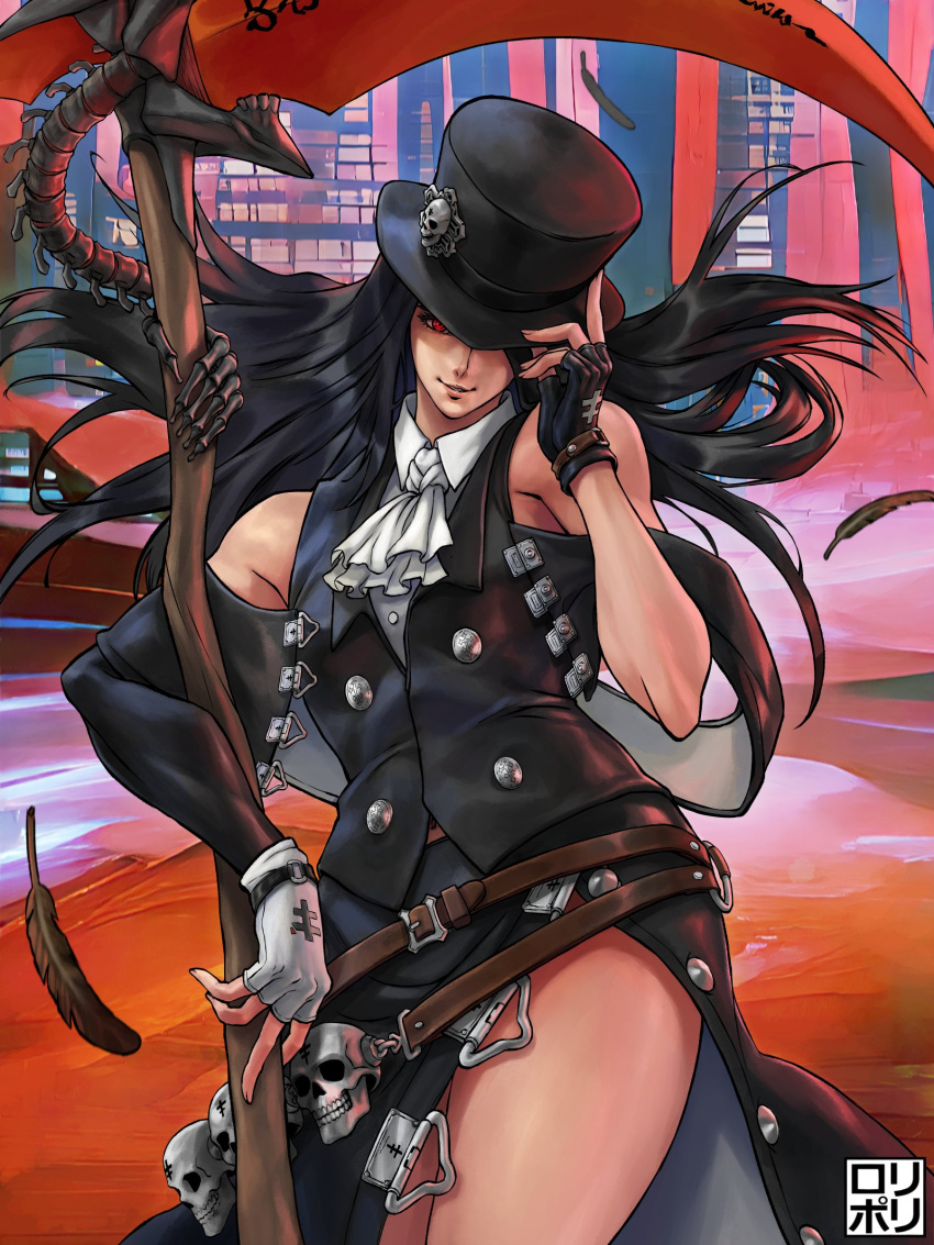 1other absurdres androgynous ascot asymmetrical_gloves asymmetrical_sleeves bare_shoulders black_gloves black_hair building buttons feathers fingerless_gloves floating_hair gloves guilty_gear guilty_gear_strive hat hat_over_one_eye highres holding holding_weapon jamrolypoly long_hair looking_at_viewer one_eye_covered red_background red_eyes scythe side_slit signature skull straight_hair testament_(guilty_gear) weapon white_gloves
