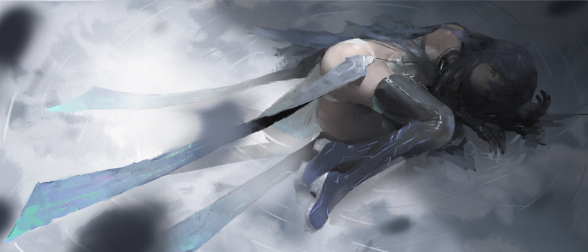 1girl absurdres ass azur_lane black_gloves blue_footwear blue_hair boots elbow_gloves full_body gloves helena_(azur_lane) helena_(meta)_(azur_lane) highres long_hair looking_at_viewer lying on_side painting panties red_eyes solo thigh-highs thigh_boots underwear white_panties xiaoheiya