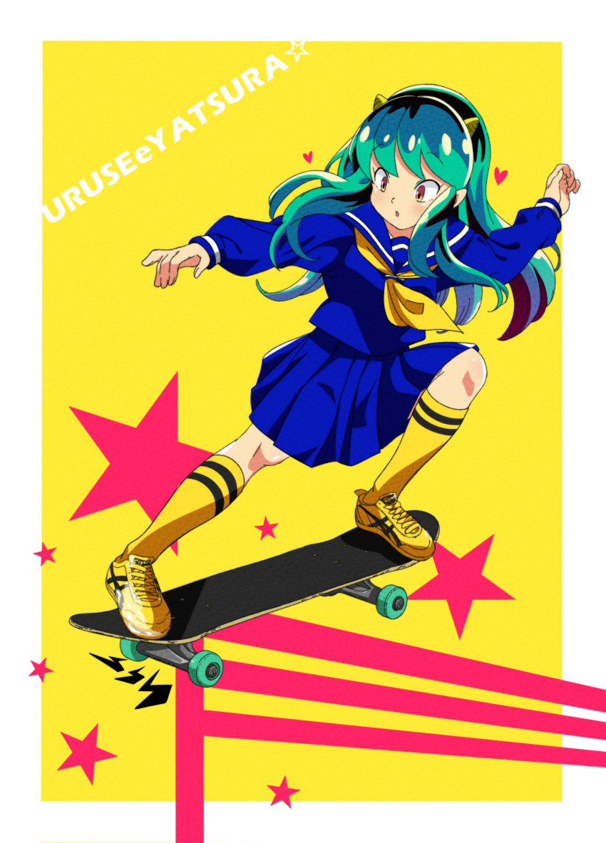 1girl absurdres aqua_hair bangs blue_shirt blue_skirt border goumonsha hairband heart highres horns kneehighs long_hair lum neckerchief pleated_skirt railing school_uniform serafuku shirt shoes simple_background skateboarding skirt sneakers solo star_(symbol) urusei_yatsura white_border yellow_eyes yellow_legwear yellow_neckerchief