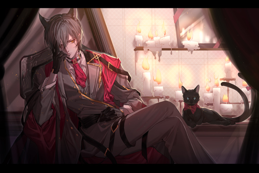 1boy absurdres animal_ears arknights bishounen black_cat black_gloves candle candlelight cat cat_boy cat_ears chair chongyou_pomelo christine_(arknights) cowboy_shot crossed_legs curtains formal gloves highres male_focus mirror necktie orange_eyes phantom_(arknights) red_ribbon ribbon sitting slit_pupils solo suit
