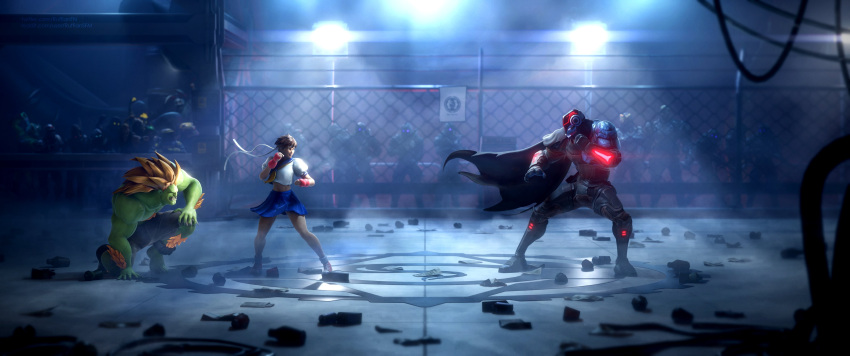 1girl 2boys 3d absurdres arm_hair blanka blue_serafuku blue_skirt brown_hair cape chest_hair clenched_hands colored_skin confrontation crossover cuffs english_commentary faceoff fighting_stance floodlights fortnite full_body gloves green_skin headband helmet highres kasugano_sakura leg_hair midriff mma_gloves multiple_boys muscular muscular_male neon_trim one_knee orange_hair pants power_suit red_footwear red_gloves ruffian school_uniform serafuku shackles shoes short_hair skirt sneakers street_fighter street_fighter_zero_(series) teeth the_foundation_(fortnite) topless_male torn_clothes torn_pants tusks white_headband