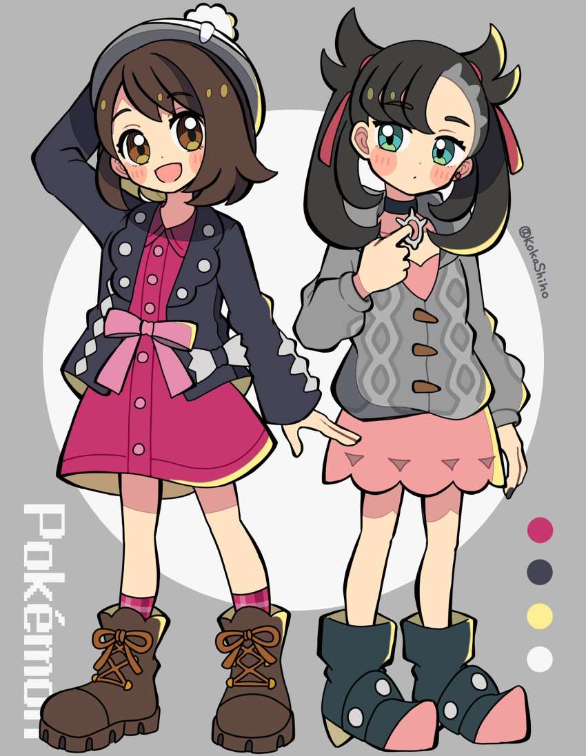 2girls :d ankle_boots asymmetrical_bangs bangs black_choker black_footwear black_hair black_jacket black_nails blush_stickers boots brown_footwear brown_hair buttons cable_knit cardigan choker closed_mouth collarbone collared_dress color_guide copyright_name cosplay costume_switch dress earrings gloria_(pokemon) green_eyes grey_cardigan hair_ribbon hand_up hat highres hooded_cardigan jacket jewelry kokashiho long_hair marnie_(pokemon) multiple_girls nail_polish open_clothes open_jacket open_mouth pink_dress plaid plaid_legwear pokemon pokemon_(game) pokemon_swsh red_ribbon ribbon short_hair smile socks standing symbol-only_commentary tam_o'_shanter