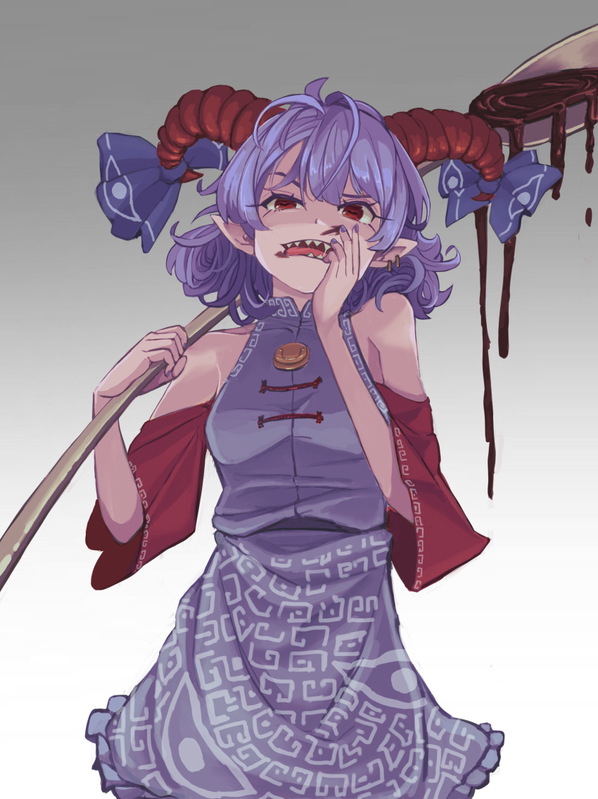 1girl absurdres bare_shoulders breasts chocolate detached_sleeves dress fangs food food_on_face gradient gradient_background grey_background hand_up highres horizontal_pupils horns kaden_(muxt8423) open_mouth pointy_ears red_eyes sharp_teeth short_hair simple_background solo spoon teeth touhou toutetsu_yuuma