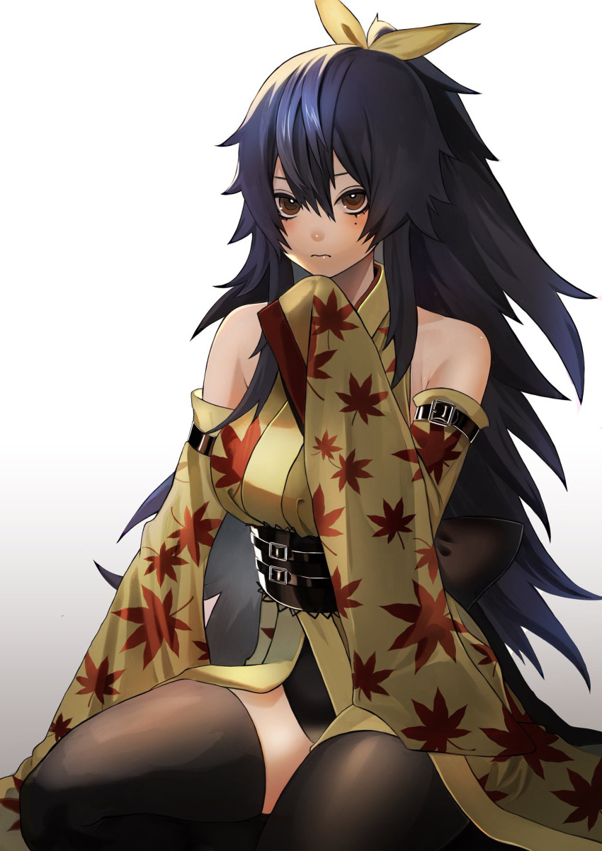 1girl bangs bare_shoulders black_hair black_legwear closed_mouth eden's_zero full_body hair_ribbon highres homura_kogetsu leaf_print long_hair looking_at_viewer maple_leaf_print mole mole_under_eye or_om7 red_eyes ribbon seiza simple_background sitting solo thigh-highs white_background wide_sleeves yellow_ribbon