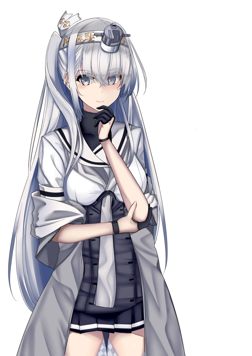 1girl absurdres bangs black_gloves breasts checkered_clothes checkered_legwear closed_mouth clothes_writing eyebrows_visible_through_hair fuyutsuki_(kancolle) gloves grey_eyes grey_neckerchief grey_shawl hachimaki hair_between_eyes headband headgear highres himura_moritaka kantai_collection long_hair neckerchief one_side_up pleated_skirt sailor_collar school_uniform serafuku shawl silver_legwear simple_background skirt solo very_long_hair white_background white_headband white_sailor_collar