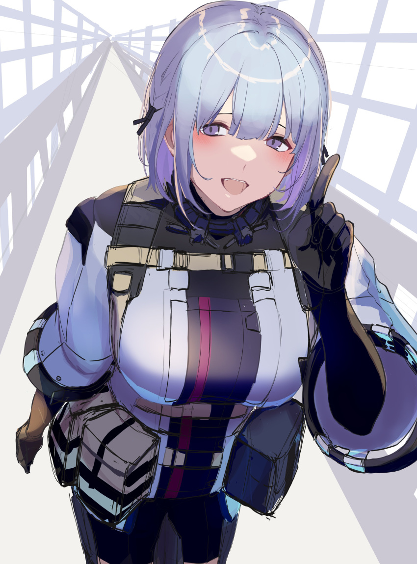 1girl 3_small_spiders absurdres ammunition_belt bangs black_bodysuit black_shorts blush bodysuit breasts commentary defy_(girls'_frontline) eyebrows_visible_through_hair feet_out_of_frame girls_frontline hair_ornament hairclip harness highres index_finger_raised large_breasts leaning_forward looking_at_viewer open_mouth rpk-16_(girls'_frontline) short_hair shorts simple_background smile solo standing tactical_clothes teeth upper_teeth violet_eyes wide_sleeves