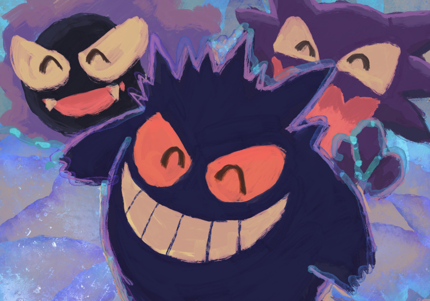 ^_^ amaya_uw closed_eyes commentary_request evolutionary_line fangs gastly gengar glowing grin happy haunter highres no_humans pokemon pokemon_(creature) smile teeth