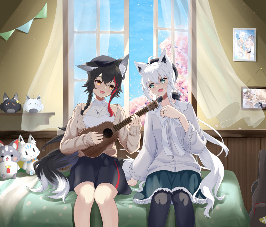 2girls absurdres ahoge animal_ear_fluff animal_ears bangs bed beret black_bow black_hair black_headwear black_legwear black_skirt blush bow braid brown_vest cherry_blossoms commentary_request curtains day earrings eyebrows_visible_through_hair fox_ears fox_girl fox_tail fubuchun green_eyes green_skirt hair_between_eyes hair_bow hair_ornament hat highres hiragi_moka hololive indoors instrument jewelry long_hair looking_at_another miochun miofa_(ookami_mio) multiple_girls music necklace ookami_mio open_mouth pantyhose picture_frame playing_instrument redhead ring shirakami_fubuki shirt sidelocks single_braid sitting skirt sukonbu_(shirakami_fubuki) sweater_vest tail ukulele vest virtual_youtuber white_hair white_shirt window wolf_ears wolf_girl yellow_eyes