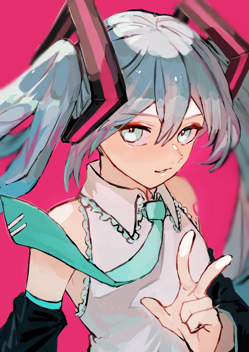 1girl absurdres aqua_eyes aqua_hair aqua_necktie bangs bare_shoulders black_sleeves blurry collared_shirt commentary depth_of_field detached_sleeves english_commentary eyebrows_visible_through_hair frilled_shirt_collar frills furirikkuru grey_shirt hair_between_eyes hair_ornament hatsune_miku highres long_bangs long_hair looking_at_viewer necktie parted_lips pink_background shirt solo tie_clip twintails upper_body vocaloid w