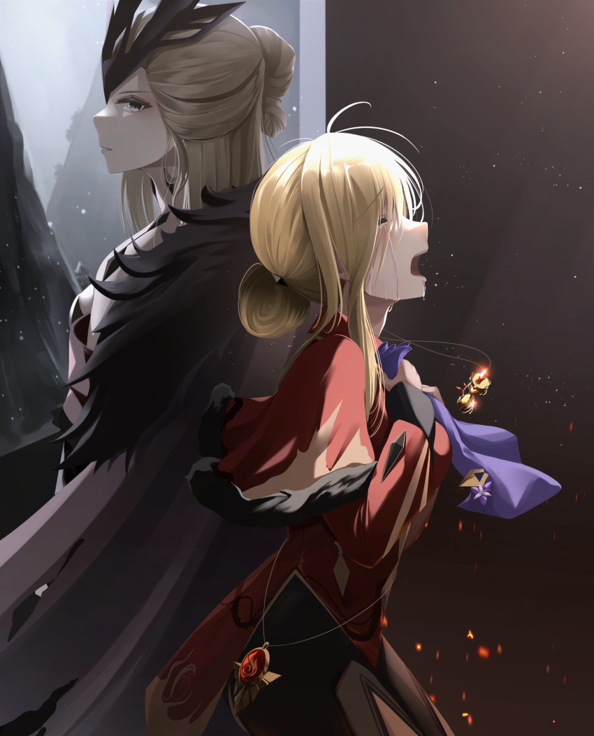 2girls absurdres black_mask blonde_hair capelet closed_eyes coat crying dress dual_persona embers from_side fur-trimmed_coat fur_trim genshin_impact hair_bun highres hourglass jewelry long_hair looking_at_viewer multiple_girls necklace open_mouth parted_lips profile red_capelet red_dress signora_(genshin_impact) snowing vision_(genshin_impact) winterlime12 younger