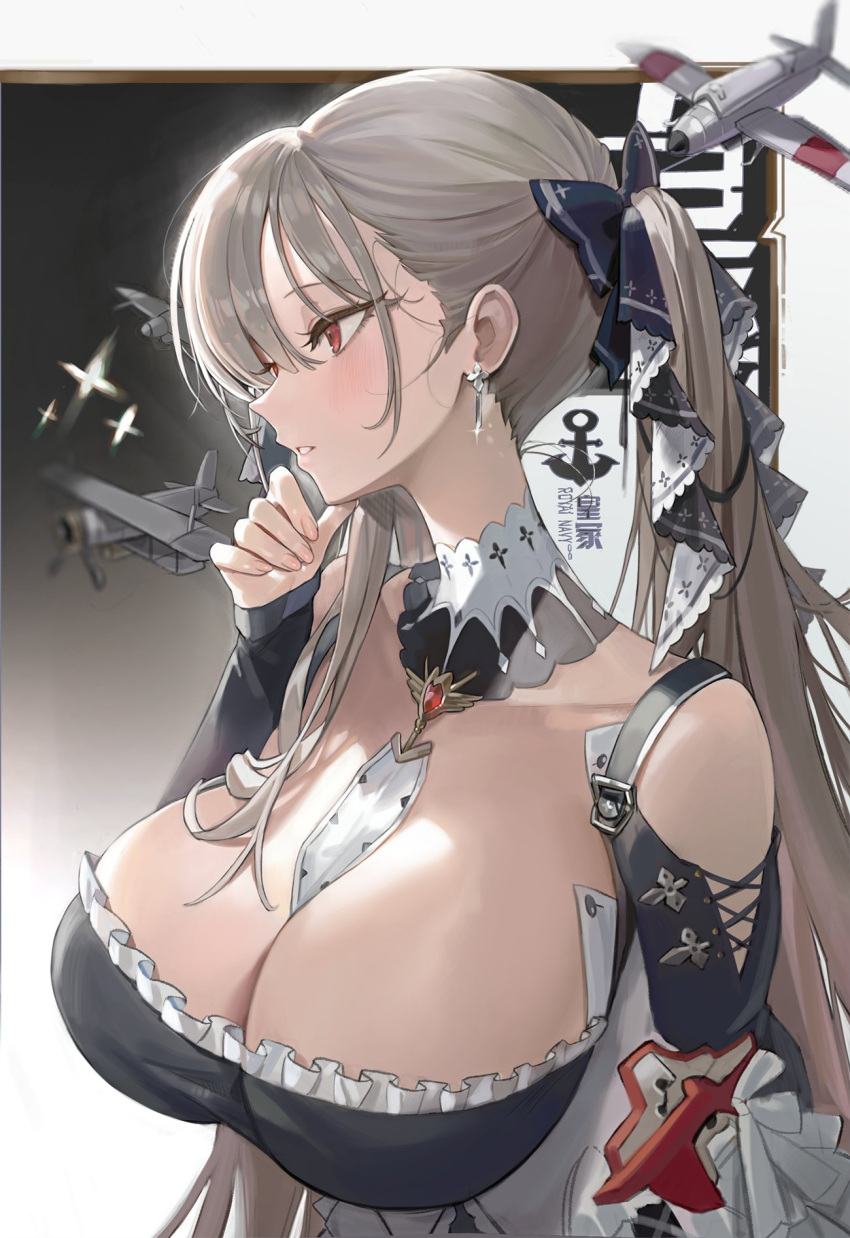 1girl aircraft anchor_symbol azur_lane bangs between_breasts blush breasts dress earrings eyelashes formidable_(azur_lane) freng frilled_dress frills grey_hair hair_ribbon highres jewelry large_breasts long_hair parted_lips red_eyes ribbon simple_background solo sparkle twintails upper_body
