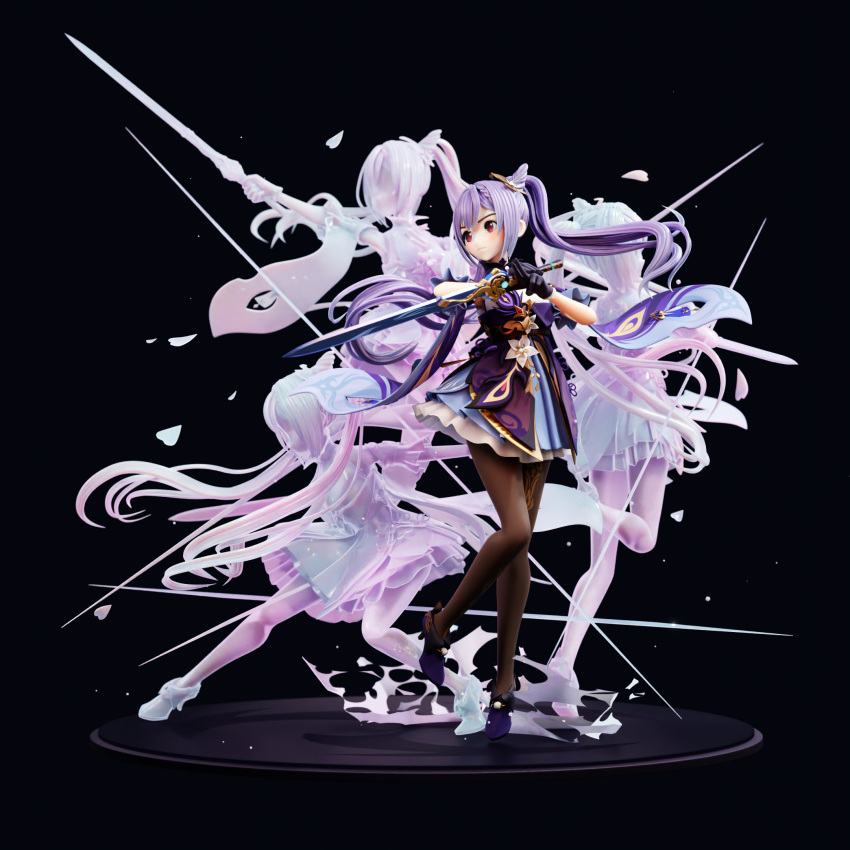 3d 4girls braid clone dress fighting_stance flower genshin_impact gloves hair_cones hair_ornament high_heels highres holding holding_sword holding_weapon keqing_(genshin_impact) leg_up long_hair looking_ahead multiple_girls multiple_persona pablo_dobarro pantyhose petals purple_dress purple_hair serious sword twintails violet_eyes weapon