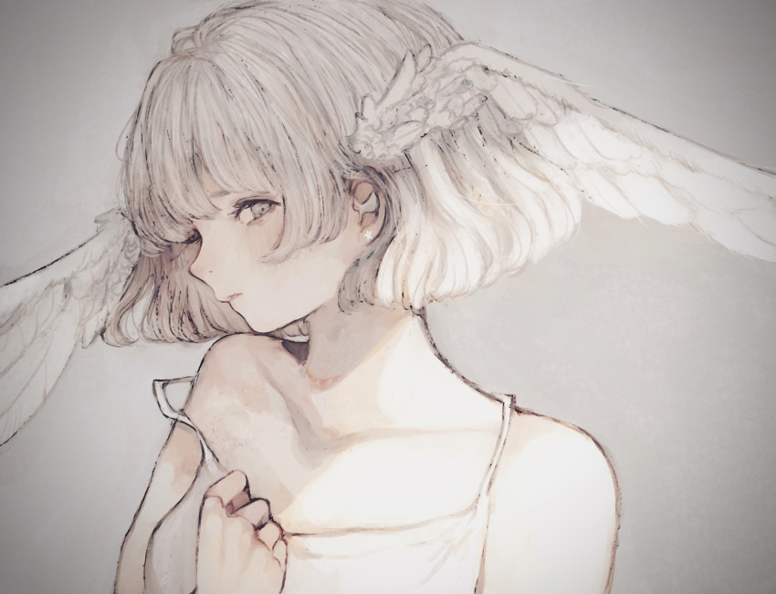 1girl angel angel_wings blush bob_cut dress hand_on_own_chest highres looking_at_viewer orie_h original simple_background solo strap_slip white_background white_dress white_eyes white_hair white_theme wing_ears wings