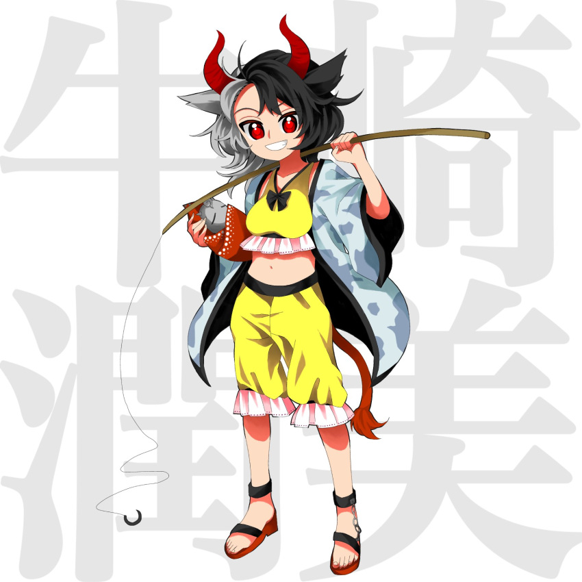 1girl animal_ears animal_print black_footwear black_hair chain commentary_request cow_ears cow_girl cow_horns cow_print cow_tail crop_top fishing_rod frilled_shorts frills full_body grey_hair grin haori harukawa_moe_(style) highres horns japanese_clothes keiki8296 looking_at_viewer midriff multicolored_hair navel red_horns red_tail sandals shorts smile solo split-color_hair statue tail tank_top toenails toes touhou two-tone_hair ushizaki_urumi yellow_shorts yellow_tank_top