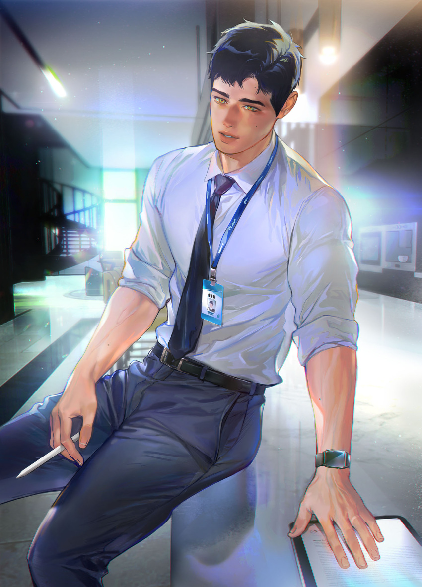 1boy belt black_hair commentary denim dress_shirt highres holding holding_pencil jeans korean_commentary lanyard light looking_at_viewer male_focus mole muscular muscular_male necktie pants pencil puppy_1ove reflection salaryman shirt sitting sitting_on_table sleeves_rolled_up stairs watch watch yellow_eyes