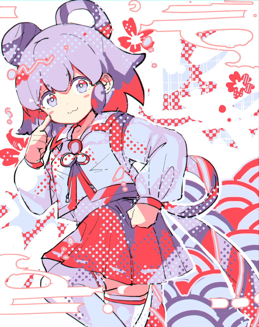 1girl :3 akanbe blush_stickers bow collared_shirt cowboy_shot double_bun finger_to_eye halftone halftone_background halftone_texture highres kujikimi limited_palette long_sleeves original pleated_skirt purple_hair red_skirt shirt short_hair skirt solo standing standing_on_one_leg thigh-highs tongue tongue_out violet_eyes waist_bow white_background white_shirt