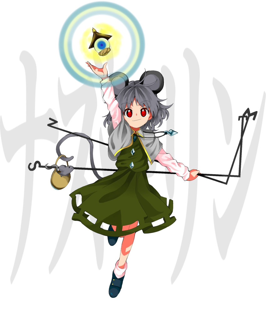 1girl animal_ears bangs basket bishamonten's_pagoda black_footwear buttons capelet closed_mouth commentary_request diamond_button dowsing_rod eyebrows_visible_through_hair full_body grey_capelet grey_hair grey_skirt grey_vest harukawa_moe_(style) highres holding holding_with_tail keiki8296 loafers long_sleeves medium_hair mouse mouse_ears mouse_girl mouse_tail nazrin prehensile_tail red_eyes shirt shoes skirt skirt_set smile solo tail touhou vest white_shirt