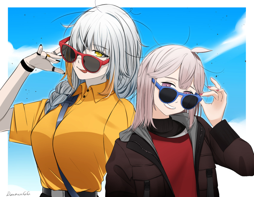 2girls artist_name bangs belt black_nails blue_sky braid braided_ponytail breasts brown_jacket casual closed_mouth darkpulsegg english_commentary eyebrows_visible_through_hair eyepatch girls_frontline grey_hair hand_on_eyewear jacket licking_lips lips long_hair looking_at_viewer m16a1_(girls'_frontline) m200_(girls'_frontline) medium_breasts multiple_girls nail_polish open_clothes open_jacket open_mouth parted_lips red_nails red_shirt shirt simple_background sky small_breasts smile sunglasses teeth_hold tongue tongue_out turtleneck upper_body violet_eyes yellow_eyes yellow_shirt