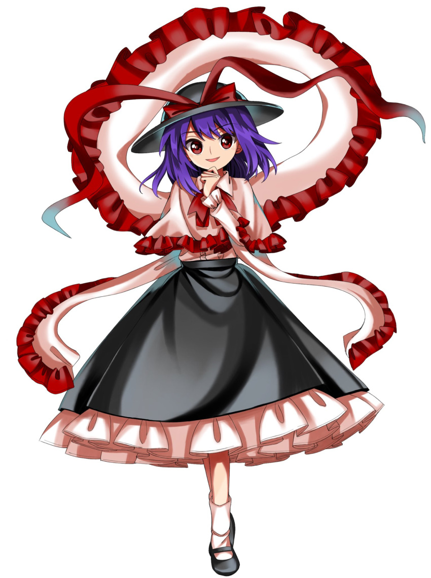 1girl black_footwear black_headwear black_skirt bow bowtie capelet commentary_request frilled_capelet frilled_shawl frilled_skirt frilled_sleeves frills full_body hand_on_own_chin harukawa_moe_(style) hat hat_bow hat_ribbon highres keiki8296 long_skirt long_sleeves mary_janes nagae_iku open_mouth pink_capelet pink_shirt purple_hair red_bow red_bowtie red_eyes red_ribbon ribbon shawl shirt shoes short_hair simple_background skirt socks solo standing sun_hat touhou white_background white_legwear