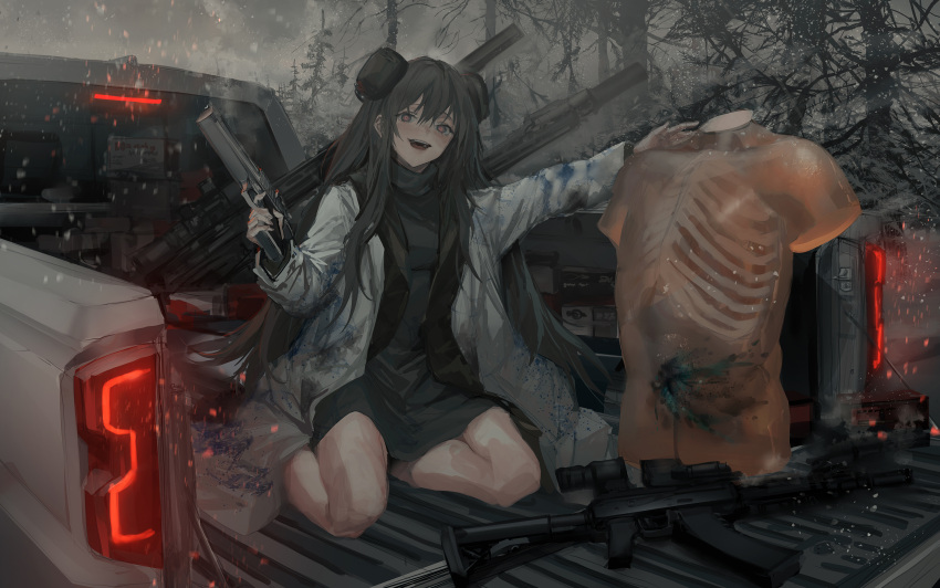 1girl assault_rifle double_bun dress ground_vehicle gun highres holding holding_gun holding_weapon lm7_(op-center) long_hair mannequin motor_vehicle original pickup_truck red_eyes rifle snow solo truck twintails weapon