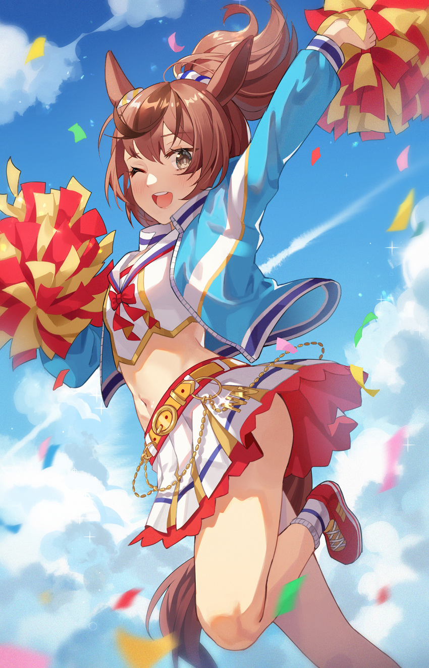 1girl animal_ears arm_up belt blue_jacket blurry blurry_foreground blush breasts brown_eyes brown_hair clouds confetti contrail crop_top hand_up highres holding holding_pom_poms horse_ears horse_girl horse_tail hoshiko_(419401x) jacket layered_skirt long_sleeves looking_at_viewer midriff multicolored_hair navel nice_nature_(run&amp;win)_(umamusume) nice_nature_(umamusume) one_eye_closed open_mouth pom_pom_(cheerleading) ponytail roar_yell!_tracen_academy_cheerleading_squad_(umamusume) shirt shoes skirt small_breasts smile sneakers socks solo standing standing_on_one_leg streaked_hair tail umamusume white_shirt white_skirt
