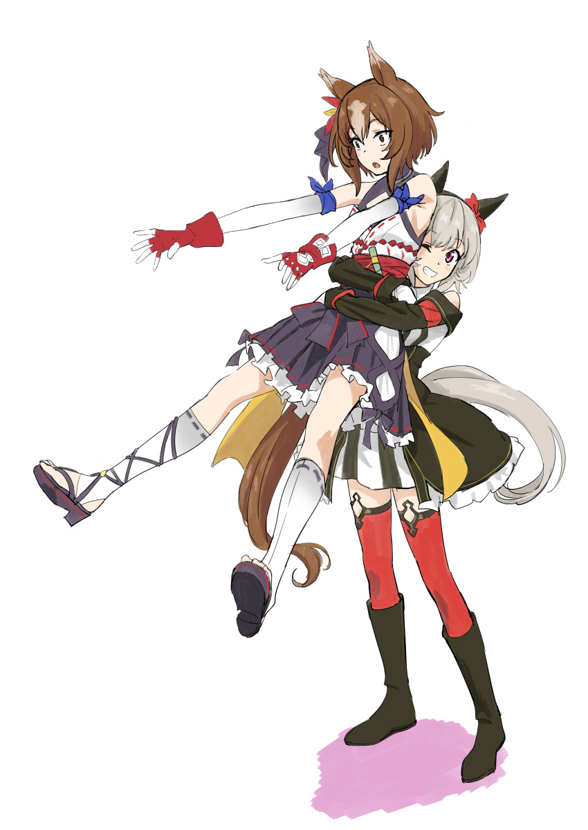 2girls absurdres animal_ears black_footwear boots brown_hair curren_chan_(umamusume) detached_sleeves dress full_body gloves highres hip_vent horse_ears horse_girl horse_tail hug kneehighs lifting_person long_sleeves looking_at_another multicolored_hair multiple_girls obi off-shoulder_dress off_shoulder one_eye_closed open_mouth purple_skirt red_gloves red_legwear sandals sash short_hair skirt standing tail thigh-highs two-tone_hair umamusume violet_eyes white_gloves white_legwear yaeno_muteki_(umamusume) yokkest