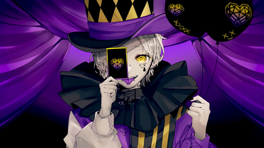 1boy admin_(gamer) balloon card colored_tongue envy_baby_(vocaloid) eyeshadow fang grey_hair hat highres holding holding_balloon holding_card indie_virtual_youtuber lip_piercing looking_at_viewer makeup male_focus mugo_(acacacacac_ed) neck_ruff nose_piercing one_eye_covered parted_lips piercing portrait purple_tongue solo tongue tongue_out top_hat yellow_eyes yellow_eyeshadow