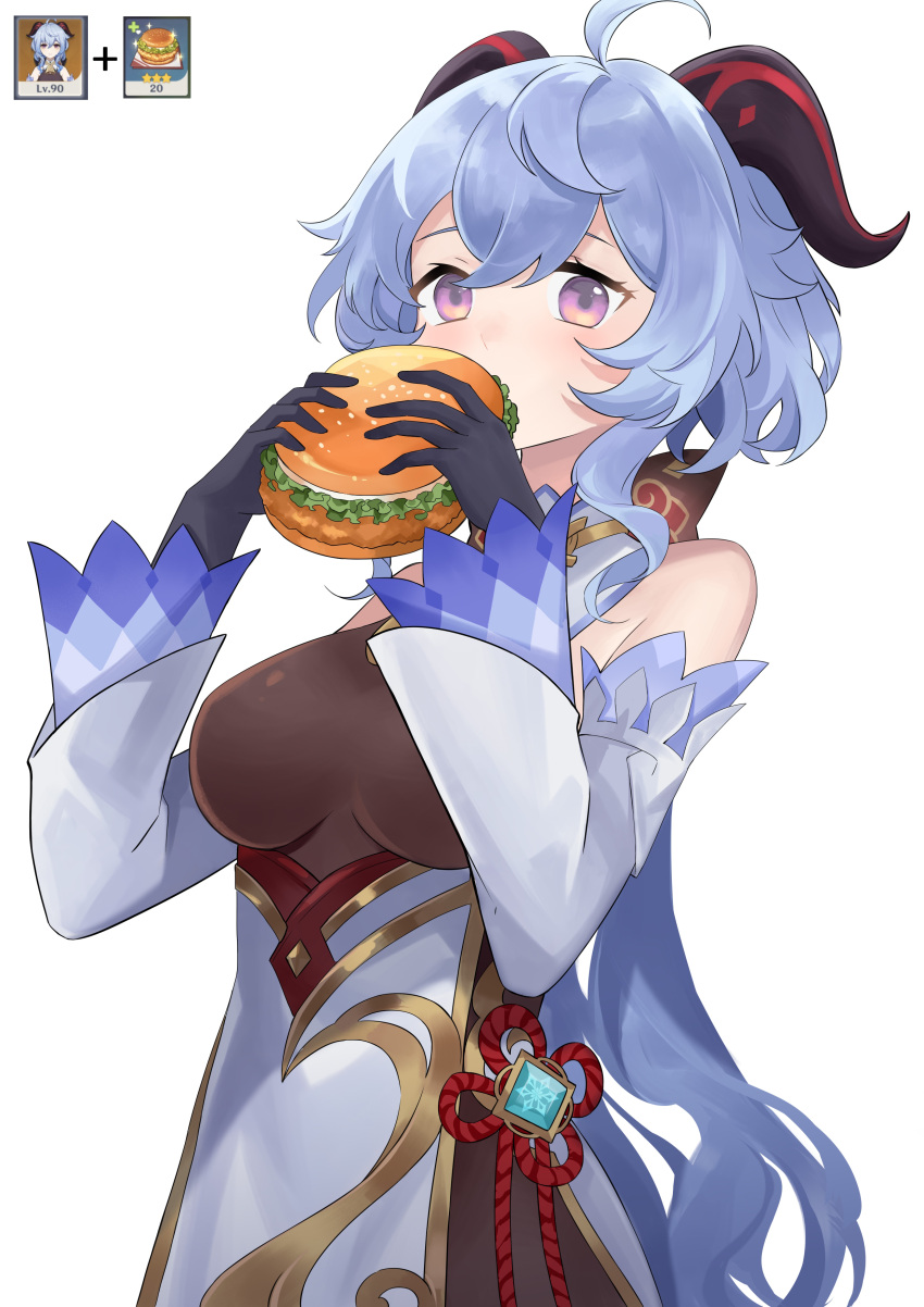 1girl absurdres ahoge aihara_(aiharaorenji) bangs bare_shoulders blue_hair bodystocking bread_bun breasts chicken_sandwich detached_sleeves eating food fried_chicken ganyu_(genshin_impact) genshin_impact goat_horns hair_between_eyes highres holding holding_food horns leotard leotard_under_clothes lettuce long_hair medium_breasts sidelocks solo violet_eyes vision_(genshin_impact) white_background