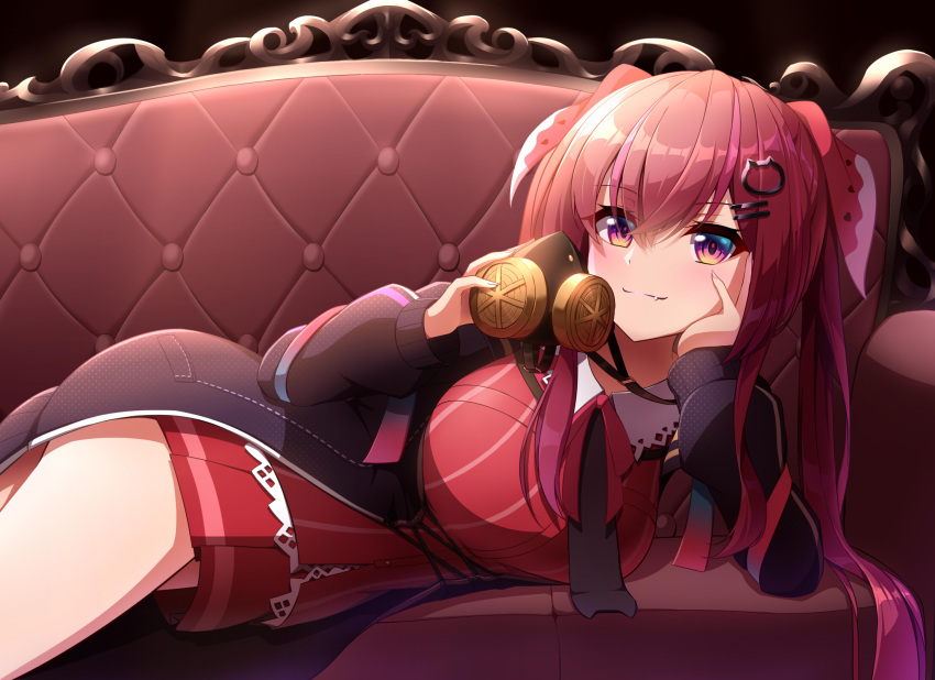 1girl amagase_muyu arm_support black_jacket breasts cat_hair_ornament collared_shirt couch fang fang_out gas_mask hair_ornament hand_on_own_cheek hand_on_own_face head_rest highres jacket large_breasts long_hair looking_at_viewer lying mask miniskirt nijisanji open_clothes open_jacket pleated_skirt red_ribbon red_shirt red_skirt redhead ribbon shirt skirt smile smirk solo tigla twintails very_long_hair violet_eyes virtual_youtuber