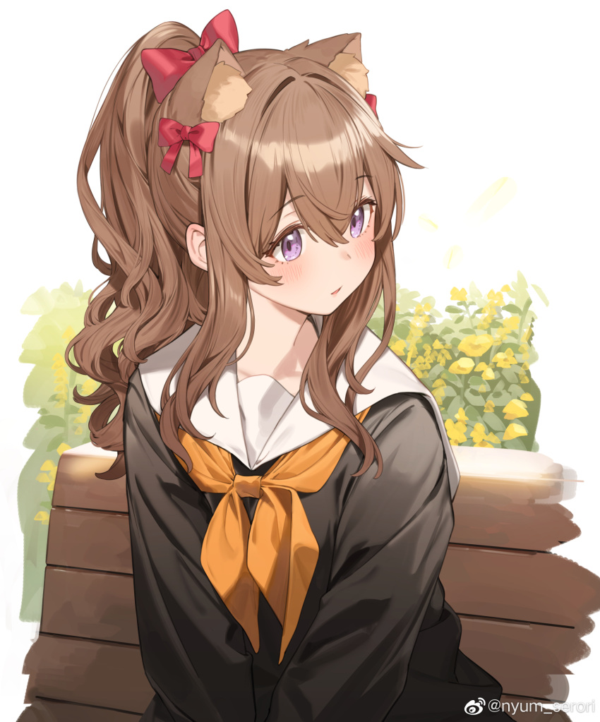 1girl animal_ear_fluff animal_ears bangs black_shirt blush bow brown_hair commentary english_commentary extra_ears eyebrows_visible_through_hair hair_between_eyes hair_bow highres long_hair looking_at_viewer looking_away looking_to_the_side neckerchief nyum on_bench open_mouth original parted_lips red_bow sailor_collar shirt sidelocks solo upper_body violet_eyes weibo_logo weibo_username white_sailor_collar yellow_neckerchief