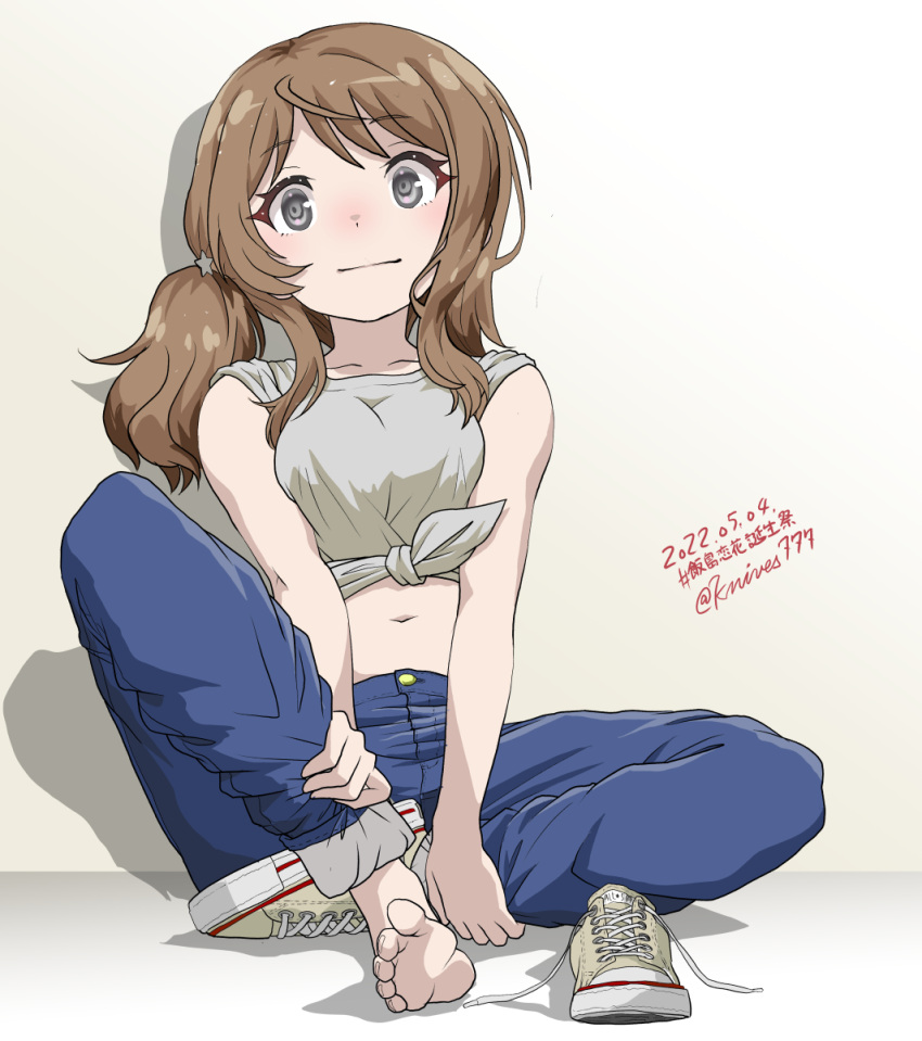 1girl :| assault_lily bangs bare_arms barefoot blue_pants breasts brown_hair buttons closed_mouth collarbone commentary_request cross-laced_footwear dated eyebrows_visible_through_hair flower full_body gradient gradient_background grey_eyes grey_shirt hair_ornament hands_on_own_legs highres iijima_renka knee_up knives_(knives777) light_blush long_hair looking_at_viewer low_ponytail medium_breasts midriff pants shadow shirt shoes shoes_removed short_sleeves side_ponytail sidelocks single_shoe sitting sleeves_pushed_up sneakers soles solo star_(symbol) star_hair_ornament swept_bangs tied_shirt toes translation_request twitter_username white_background yellow_background yellow_flower