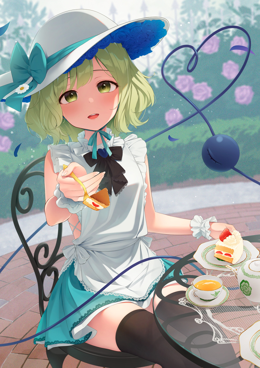 1girl :d alternate_costume apron bare_shoulders black_legwear blue_flower blue_rose bow cup daisy day flower food frills fruit green_eyes green_hair hat heart heart_of_string highres holding kanpa_(campagne_9) komeiji_koishi looking_at_viewer open_mouth outdoors petals pink_flower rose shirt short_hair short_sleeves sitting smile solo teacup thigh-highs third_eye touhou white_flower wrist_cuffs