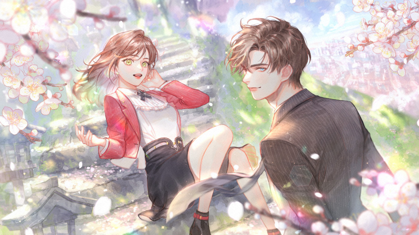 1boy 1girl :d artem_wing_(tears_of_themis) black_jacket black_skirt blue_eyes blue_sky brown_hair cherry_blossoms closed_mouth clouds cloudy_sky formal green_eyes highres jacket long_hair long_sleeves looking_at_viewer looking_back open_mouth outdoors petals red_jacket rm-parfait rosa_(tears_of_themis) sitting skirt sky smile tears_of_themis