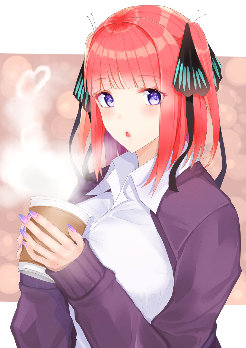 1girl :o absurdres bangs blush breasts cardigan coffee_cup cup disposable_cup eyebrows_visible_through_hair go-toubun_no_hanayome hair_ribbon highres holding holding_cup kzm_(cookie-eluza) long_hair looking_at_viewer medium_breasts nail_polish nakano_nino open_cardigan open_clothes open_mouth purple_cardigan purple_nails redhead ribbon school_uniform shirt simple_background solo upper_body violet_eyes white_shirt