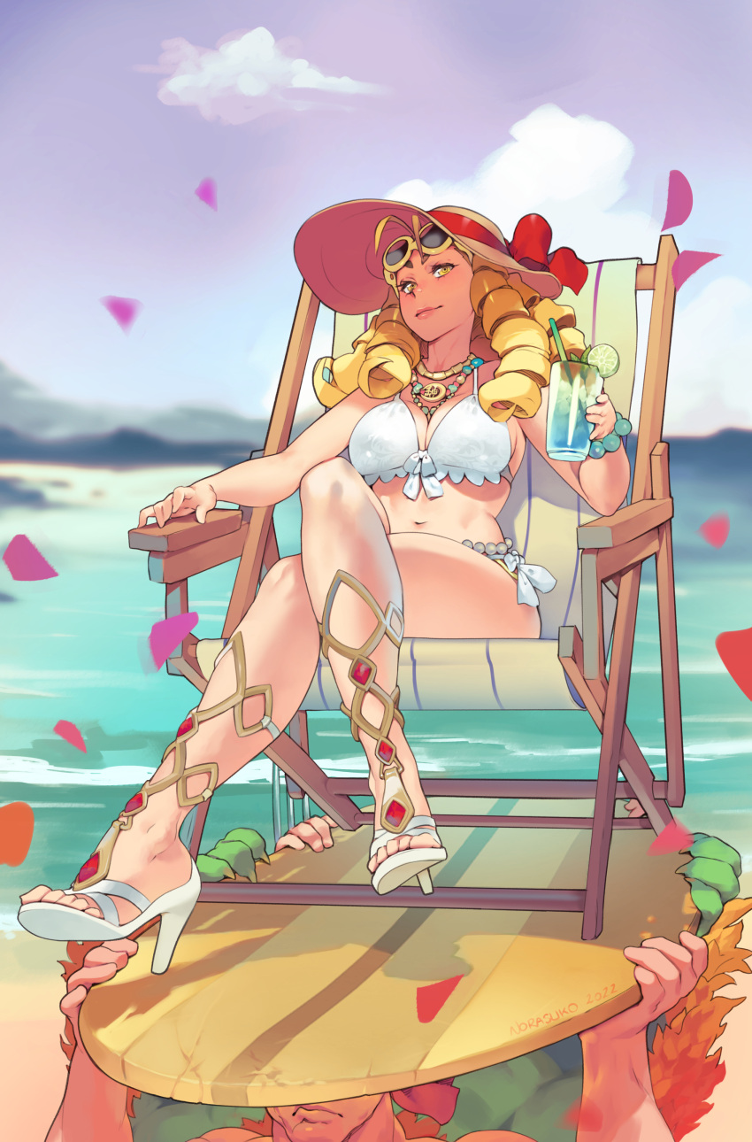 1boy 1girl absurdres beach bikini blonde_hair breasts closed_mouth clouds commentary crossed_legs cup drill_hair drinking_glass english_commentary eyewear_on_head full_body hat highres holding holding_cup jewelry kanzuki_karin looking_at_viewer medium_breasts navel necklace norasuko ocean outdoors petals purple_sky sandals sitting sky smile straw_hat street_fighter sunglasses swimsuit toes white_bikini white_footwear yellow_eyes