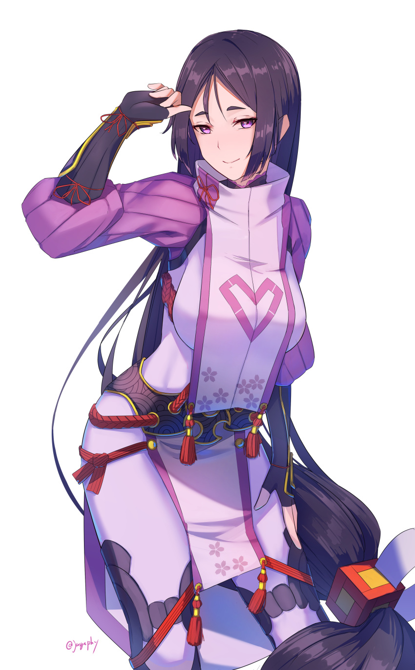 1girl absurdres armor bangs black_gloves bodysuit breasts elbow_gloves fate/grand_order fate_(series) fingerless_gloves gloves highres japanese_armor kote large_breasts long_hair looking_at_viewer minamoto_no_raikou_(fate) parted_bangs pelvic_curtain purple_bodysuit purple_hair ribbed_sleeves rope sawarineko smile solo tabard tassel very_long_hair violet_eyes white_background