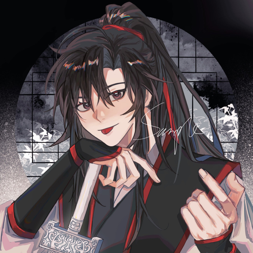 1boy bangs beckoning black_hair black_robe brown_eyes chinese_clothes chinese_commentary commentary_request hair_ribbon hanfu head_rest highres long_hair looking_at_viewer male_focus mo_dao_zu_shi ponytail red_ribbon ribbon siiideee solo tongue tongue_out wei_wuxian