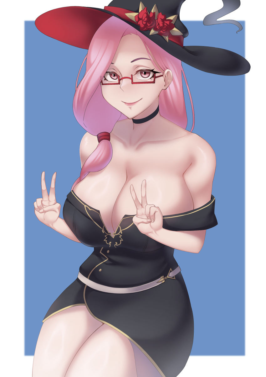 1girl absurdres bare_shoulders black_dress border breasts closed_mouth cojohn collarbone double_v dress flower glasses hair_over_shoulder hat hat_flower highres hololive hololive_english large_breasts long_hair looking_at_viewer low-tied_long_hair mama_mori mature_female off-shoulder_dress off_shoulder pink_eyes pink_hair red_flower red_rose rose short_dress smile solo thighs v white_border wide_hips witch_hat