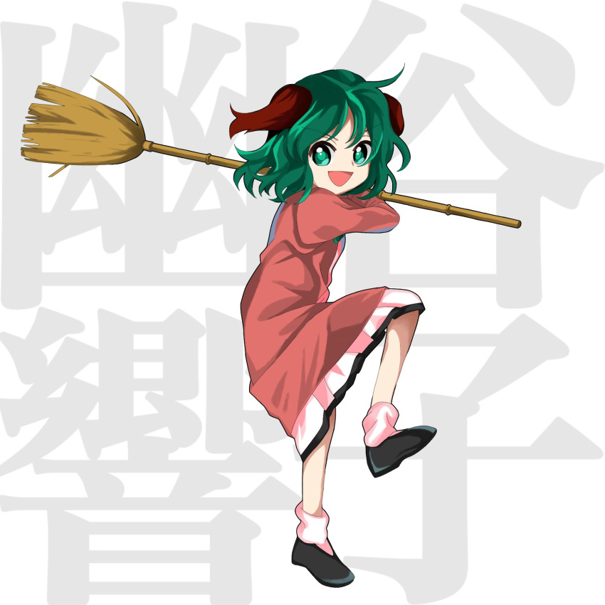 1girl animal_ears bamboo_broom black_footwear broom brown_dress commentary_request dog_ears dress fighting_stance frilled_dress frills full_body green_eyes green_hair harukawa_moe_(style) highres holding holding_broom kasodani_kyouko keiki8296 long_sleeves open_mouth shoes short_hair socks solo standing standing_on_one_leg touhou v-shaped_eyebrows white_legwear