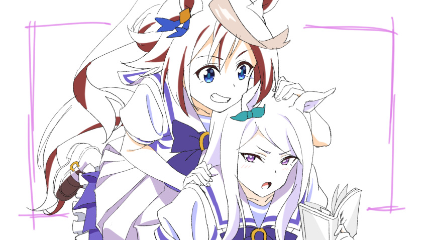 2girls animal_ears bangs blue_eyes book brown_footwear ear_bow grin hand_on_another's_head hand_on_another's_shoulder highres holding holding_book horse_ears horse_girl horse_tail long_hair looking_at_another mejiro_mcqueen_(umamusume) multiple_girls open_book open_mouth partially_colored ponytail puffy_short_sleeves puffy_sleeves purple_hair purple_shirt sailor_collar school_uniform shirt shoes short_sleeves skirt smile tail tokai_teio_(umamusume) tracen_school_uniform umamusume violet_eyes white_skirt yokkest