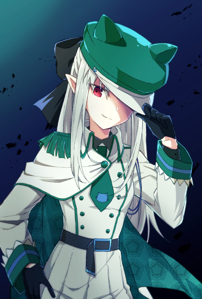 1girl alternate_costume animal_print azami_masurao bangs belt black_belt black_gloves cat_print closed_mouth cowboy_shot gloves gradient gradient_background green_headwear green_necktie hand_on_headwear hand_on_hip highres long_sleeves looking_at_viewer military military_uniform necktie pointy_ears red_eyes smile solo standing tsukihime uniform white_len_(tsukihime)