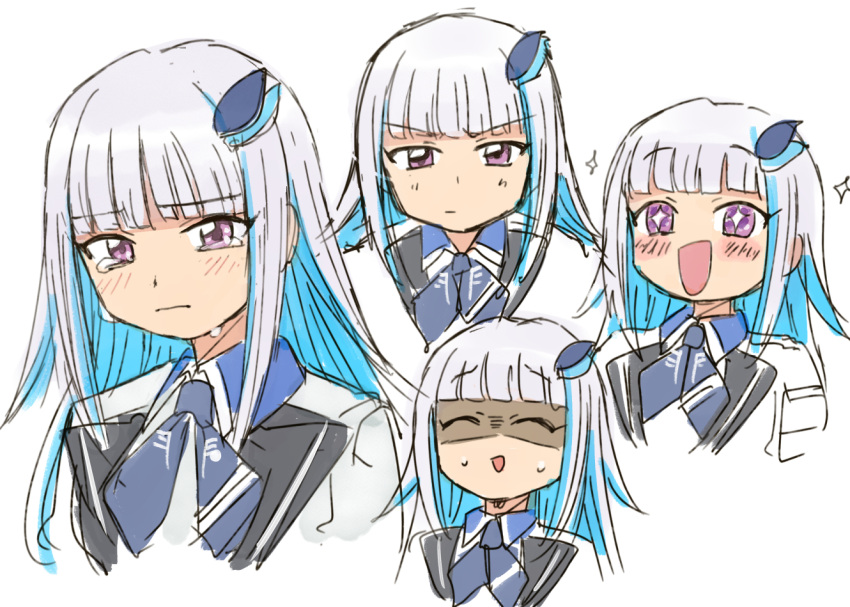 +_+ 1girl ^_^ annoyed ascot blue_ascot blue_hair closed_eyes colored_inner_hair crying crying_with_eyes_open feather_hair_ornament feathers hair_ornament jacket lize_helesta looking_at_viewer multicolored_hair multiple_views nijisanji shaded_face sketch sweatdrop tears tsubobot violet_eyes virtual_youtuber white_background white_hair white_jacket